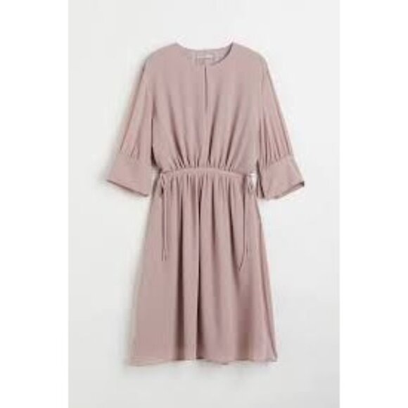 H&M Chiffon Drawstring Waist Dress Powder Beige M Knee-Length Short Wide Sleeves - Picture 1 of 14